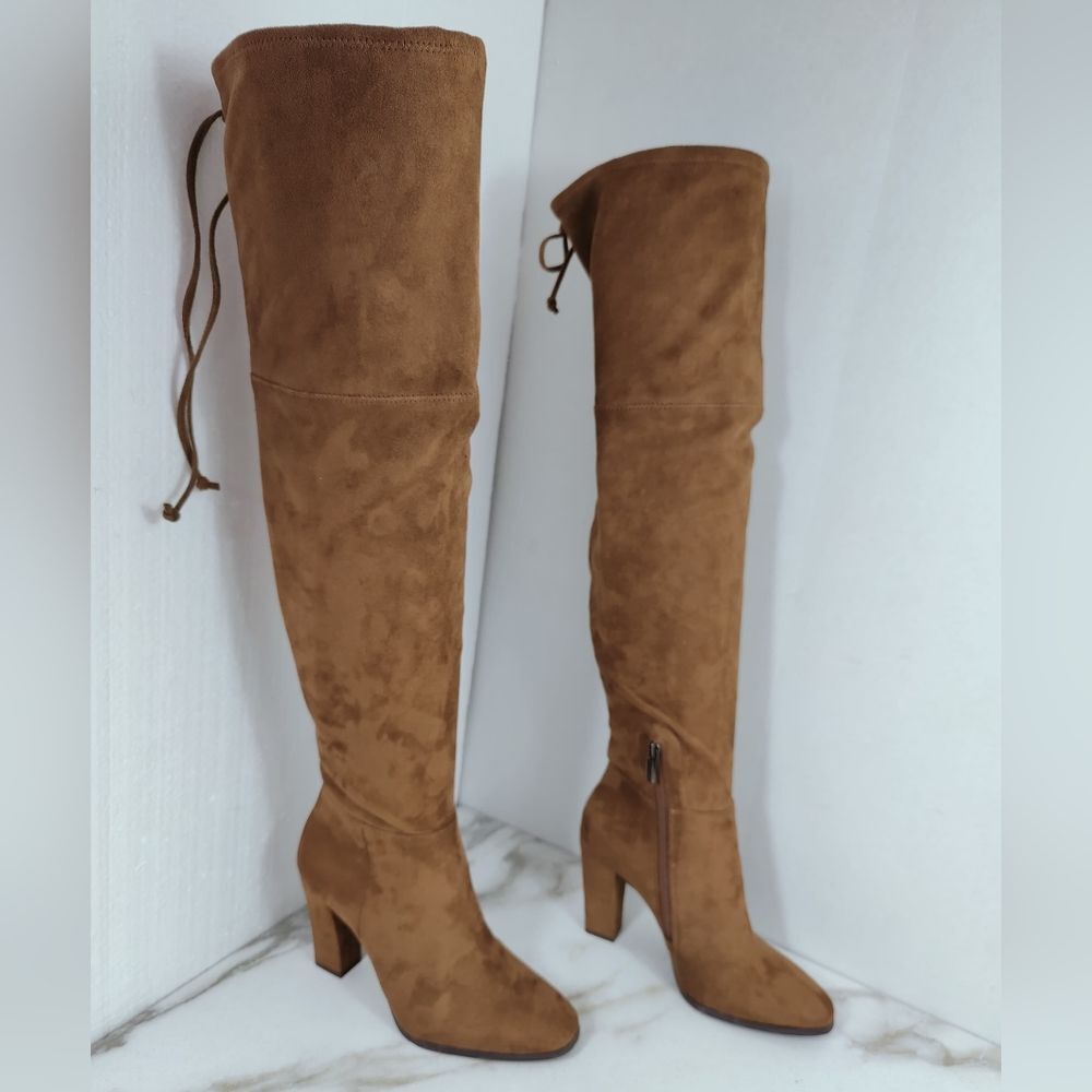 Vince Camuto Tapley Cognac Microsuede Over The Knee Heeled Boots, 7.5 - Picture 2 of 12